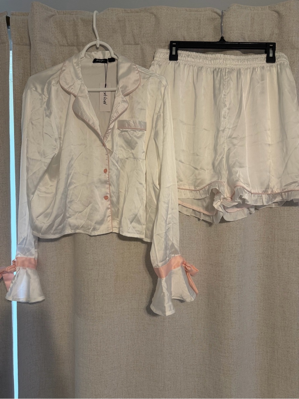 Silky White & Pink Satin Pajama Set with Bow Accents